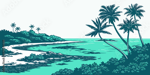 A serene tropical landscape with palm trees and a body of water Vector