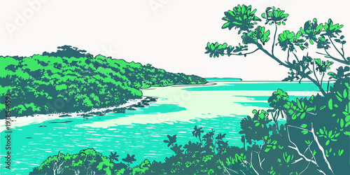 A serene landscape with a body of water and lush greenery Vector