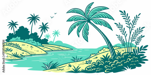 A tropical island with palm trees and a body of water Vector