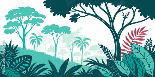 A colorful illustration of a tropical forest with trees and plants Vector
