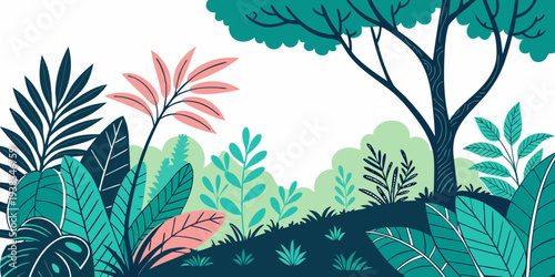 A colorful illustration of a tropical forest with various plants and trees Vector
