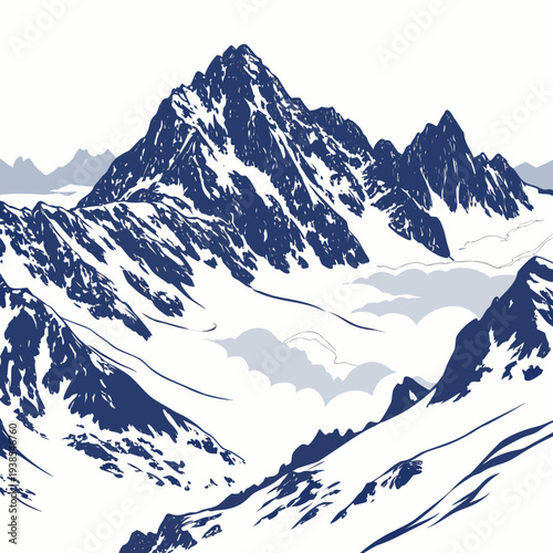 A stunning blue and white illustration of a snowcapped mountain range with rugged peaks and slopes