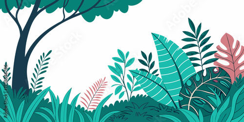 A lush forest scene with various green plants and a tree Vector