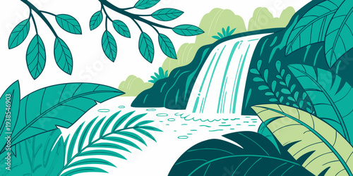 A serene waterfall surrounded by lush green leaves and tropical plants Vector