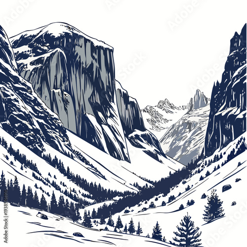 A serene snowy mountain landscape with rugged cliffs and evergreen trees
