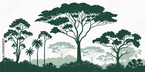 A group of trees in a forest with hills in the background Vector