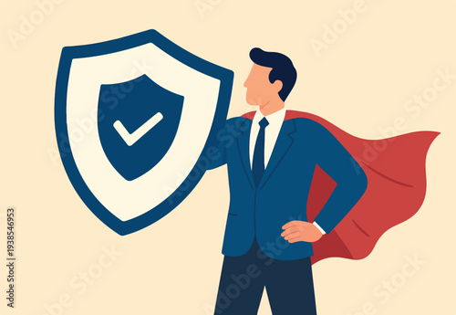 Security safety, protection or shielding insurance, privacy protect, defense from cyber attack, safeguard, guarantee or threats control concept, businessman superhero holding strong protection shield.