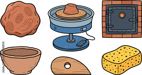 Whimsical kids doodle close up set of pottery tools with clay ball potter wheel kiln sponge bowl in flat vector studio