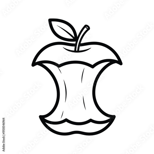 Minimalist Apple Core Line Art Illustration with Stem and Leaf - Black and White Vector Graphic