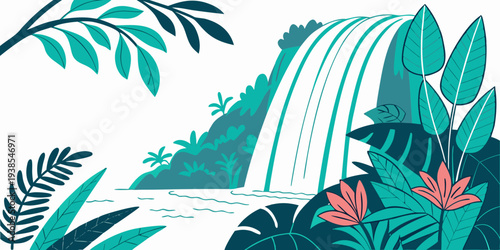 A serene waterfall surrounded by lush greenery and vibrant flowers Vector