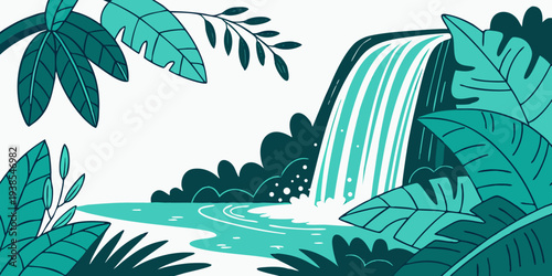 A serene waterfall surrounded by lush greenery and foliage in a natural setting Vector