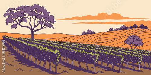 A pixelated image of a vineyard at sunset Vector