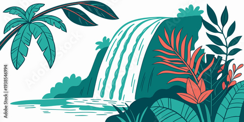 A tropical waterfall with palm trees and plants Vector