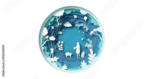 Layered paper art depicts a tranquil scene with people and nature