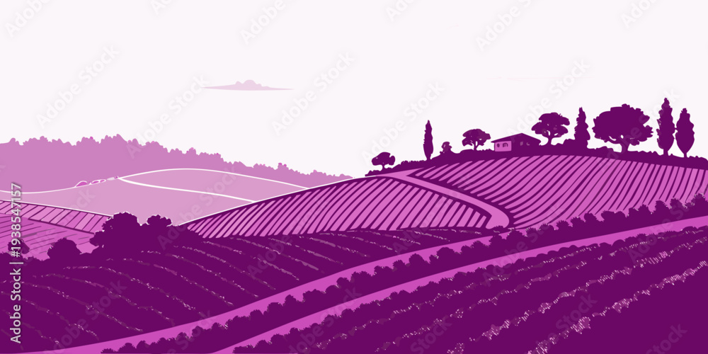 Obraz premium A purple landscape of a countryside with trees and rolling hills Vector