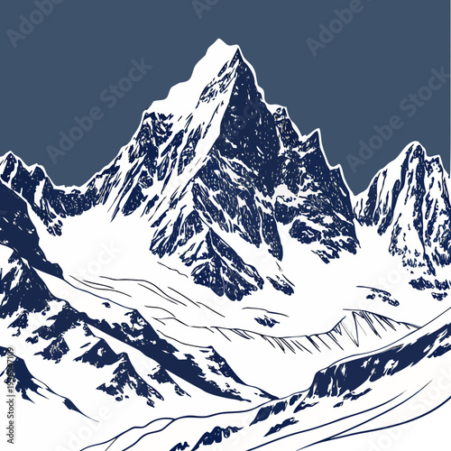 A majestic snowcapped mountain range against a dark blue sky in a stylized illustration
