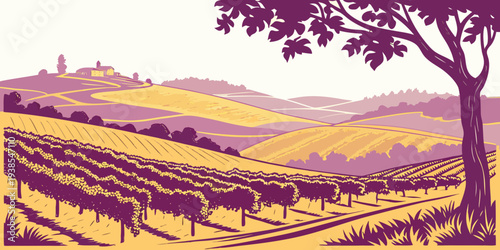 A purple and yellow image of a tree in a field Vector