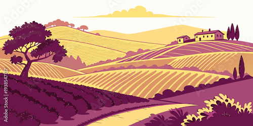 A pixelated landscape with a tree and a field Vector