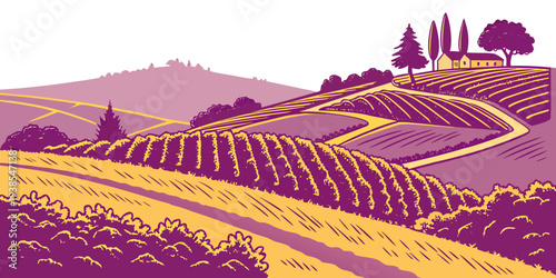 A purple and yellow image of a vineyard on a hillside Vector