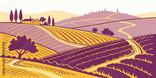 A purple and yellow landscape with a winding road Vector