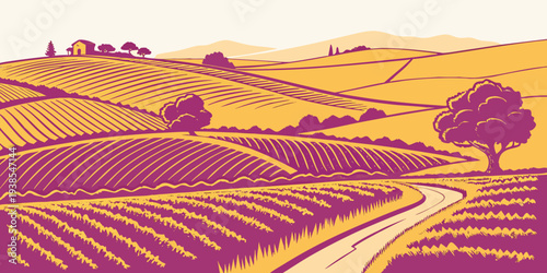 A picturesque landscape of a vineyard with rolling hills Vector