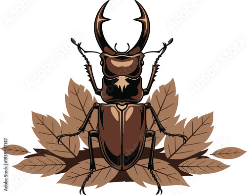 Large stag beetle resting on dried autumn leaves