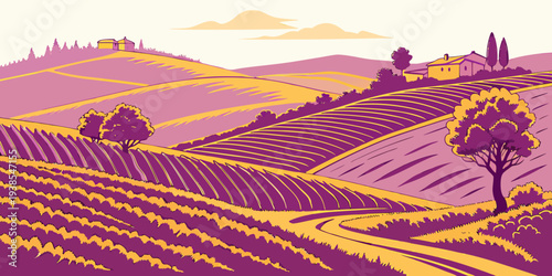 A purple and yellow landscape with rolling hills and trees Vector