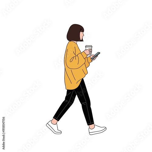 Minimalist woman walking with coffee and smartphone isolated on white
