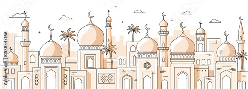 Islamic Mosque Skyline with Domes Minarets and Palm Trees Arabic Architecture Panorama Vector Illustration Background