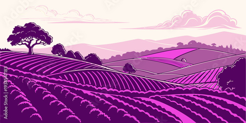 A purple pixel art landscape of a vineyard with trees and mountains Vector
