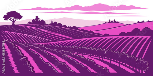 A purple landscape of a field with rows of crops Vector