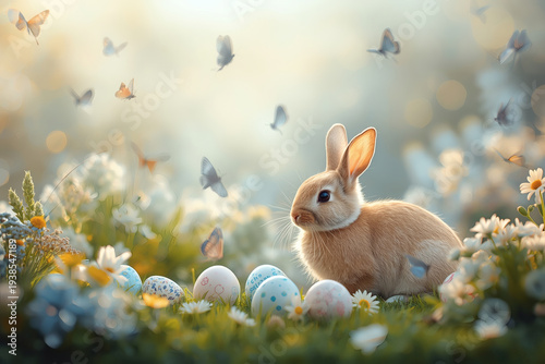 Holiday card or banner. Easter bunnies sitting on the grass with spring flowers, Easter eggs, and butterflies. The concept of a happy Easter in 2026.