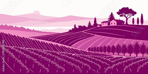 A purple illustration of a vineyard landscape Vector