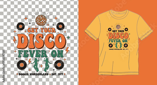 Vibrant Disco Fever Graphic T-Shirt Design with Dancing Silhouettes and Vinyl Records on Yellow Background, SVG File Format