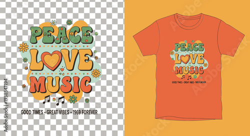 Vibrant graphic design featuring peace, love, music on a t-shirt, showcasing trendy typography and colorful elements
