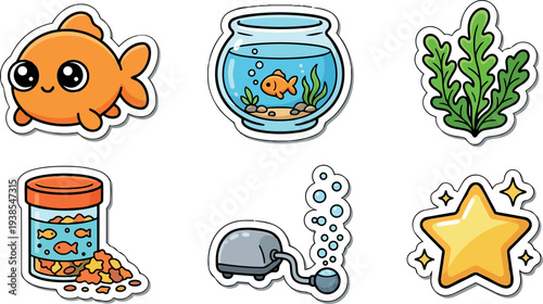 Kawaii sticker vector close up orange goldfish looking at camera with fishbowl seaweed food jar air pump bubbles playful outline