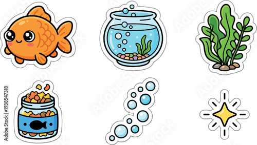 Kawaii sticker vector set close up smiling orange goldfish with fishbowl seaweed food jar bubbles and sparkle white border