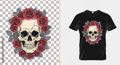 A black t-shirt featuring a graphic design of a skull surrounded by red roses, standing against a white background, viewed from the front.