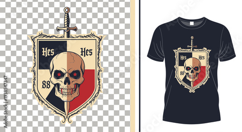 Coat of arms with skull and sword design on black t-shirt, featuring shield emblem with beige, red, and black colors