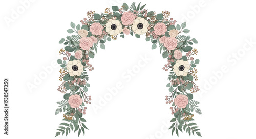 Floral archway with pink roses and sunflowers, adorned with lush greenery, viewed from the front, creating a beautiful wedding decoration