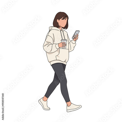 Modern flat illustration of female character walking with phone and coffee