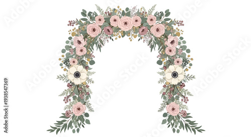 Floral archway with pink flowers and green leaves, SVG illustration, decorative elements, wedding decor, floral arrangement