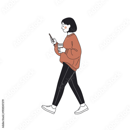 Minimalist woman walking with coffee and smartphone isolated on white
