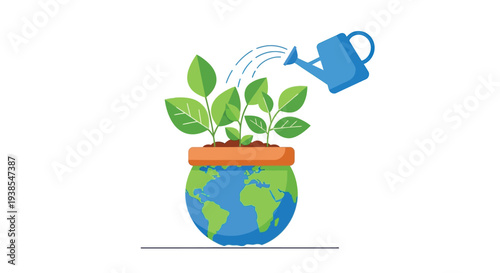 A blue watering can pours water onto plants growing from planet earth