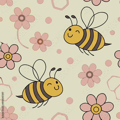 Cute cartoon bees with smiling faces among pink flowers on a pastel background