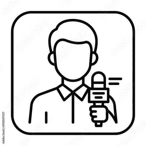Simple black line drawing of faceless man holding microphone in rounded square frame symbolizing news reporting and media communication