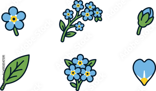 Flat design close up forget me not icon set with blue petals green leaves and bud arranged on white landscape canvas minimal outline