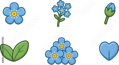 Flat design close up forget me not flower icon set showing blue blossoms bud leaves heart with bright soft lighting