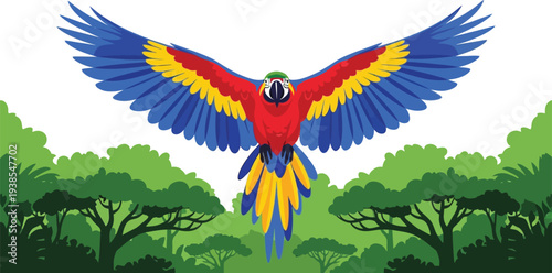 Colorful macaw parrot flying over a tropical jungle canopy