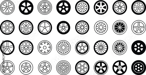 Car Wheel Icon Set. Black Rubber Tire, Vehicle, Transport, Road, Auto Wheels - Stock Vector